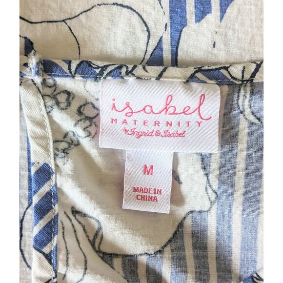 Isabel Maternity Blouse Medium Blue White Floral Striped Popover Short Sleeve - Picture 9 of 10